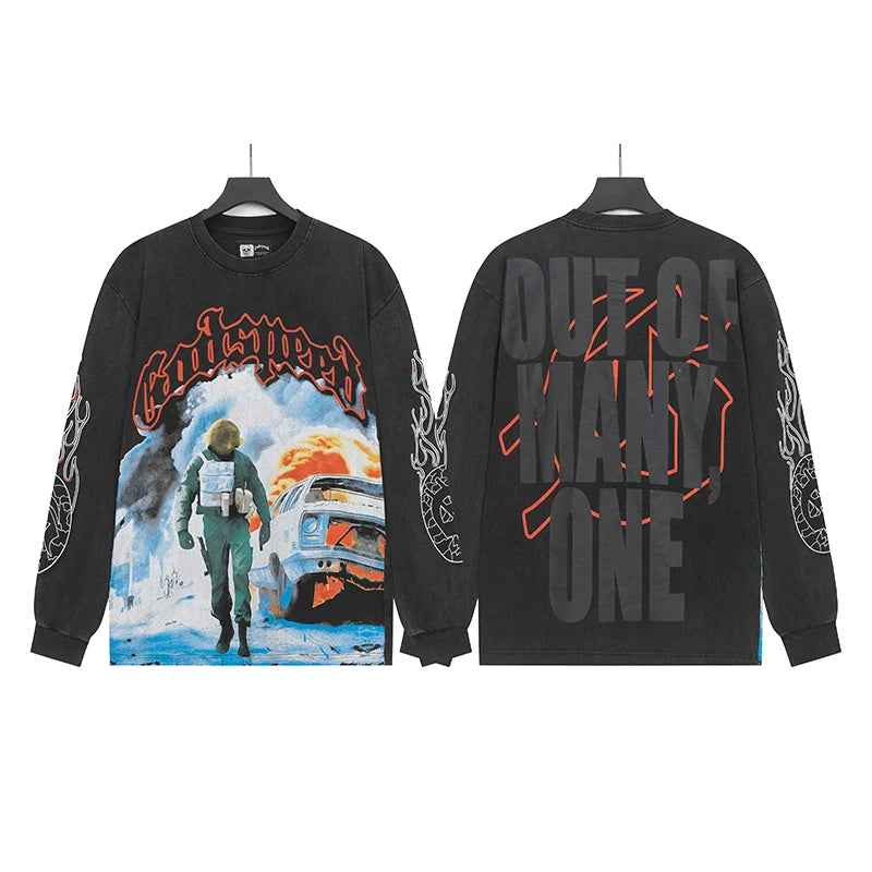 Vintage Washed Godspeed Long-sleeved T-shirts Rock Roll Tee Skull Racing Driver Print Loose Streetwear Tops Men Women