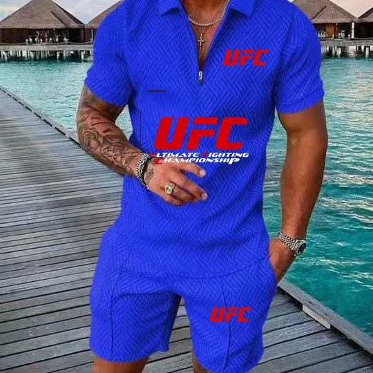 2025 Summer New Casual Fashion Style Polo Set, UFC Fighting Fans, Zipper Polo Shirt+Shorts, Outdoor Sports Two Piece Set