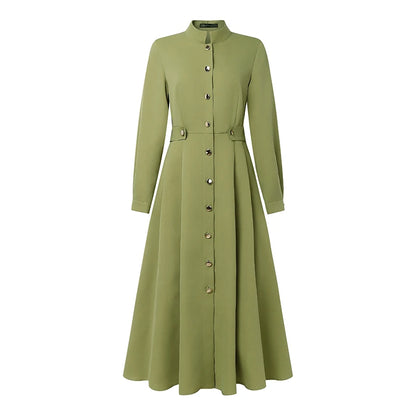 ZANZEA Plus Size Women's Midi Dresses Elegant Casual Mock Neck Long Sleeve Button Up A-Line Long Dress FW Woman Clothing 5XL
