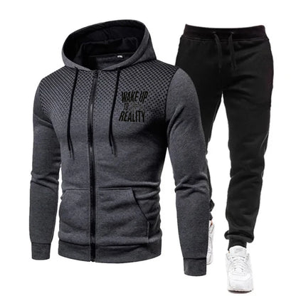 Men's Jacket Set Black Red Gradient Printed Wake Up Reality Text Hoodie Zipper Sweatshirt for Casual Outdoor Sport Wear