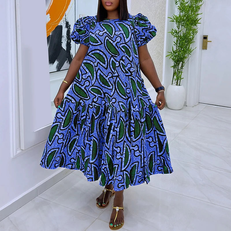 Plus Size Women Dress Vintage Print Sundress 2025 VONDA Puff Sleeve Casual Loose Vestidos Fashion Ruffled Midi Robe Femme