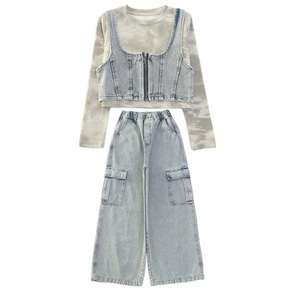 vetement enfant fille denim vest+top t shirt+cargo pants jeans three pcs kids girls clothes sets childer outfits clothing suit