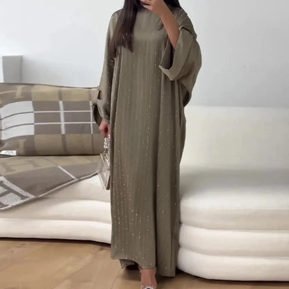 Dubai Spring/Summer Gathering Striped Dress, Women Simple O-neck Abaya Long Sleeve Dresses, Middle East Abaya Dress Islamic Robe