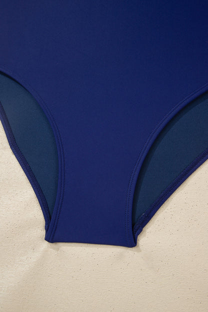 Navy Blue Shell Stitched Trim V Neck Textured Mix and Match High Waist Bikinis