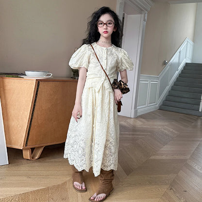 summer teen girl Embroidery dress set Bubble sleeve lace top+long skirt 2pcs junior kid suit child outfits vetement enfant fille