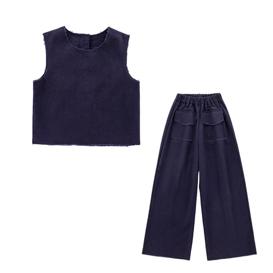 4-14 design teen girl Summer clothes set Hairy denim vest+Wide leg jeans 2pc junior kid pants suit child outfits vetement enfant