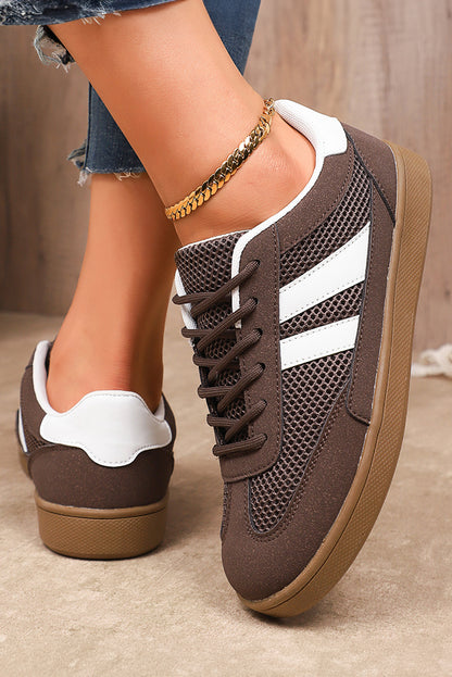 Coffee Breathable Mesh PU Leather Patchwork Lace-up Sneaker