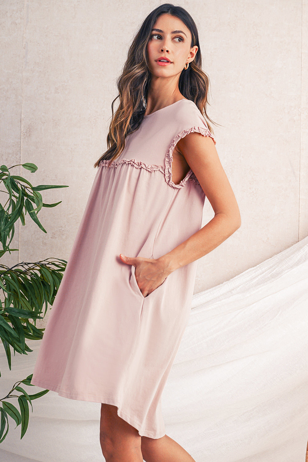 Oatmeal Frilled Trim Crewneck Loose Fit Mini Dress