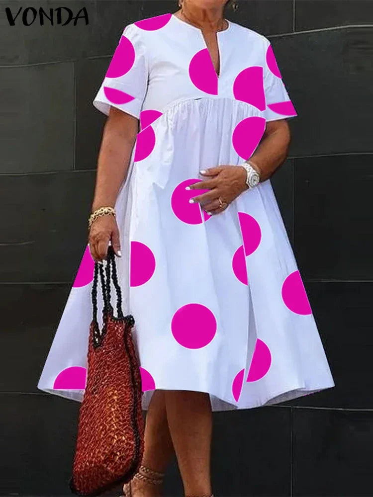 VONDA Plus Size 5XL Women Dress 2025 Summer Bohemian Polka Dot Maxi Long Dress V Neck Party Sundress Vestido Beach Robe Elegant