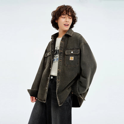 Metersbonwe Men's Vintage Distressed Utility Denim Shirt Jacket Classic Flap Pockets Oversized Fit Outerwear Casual Street Style