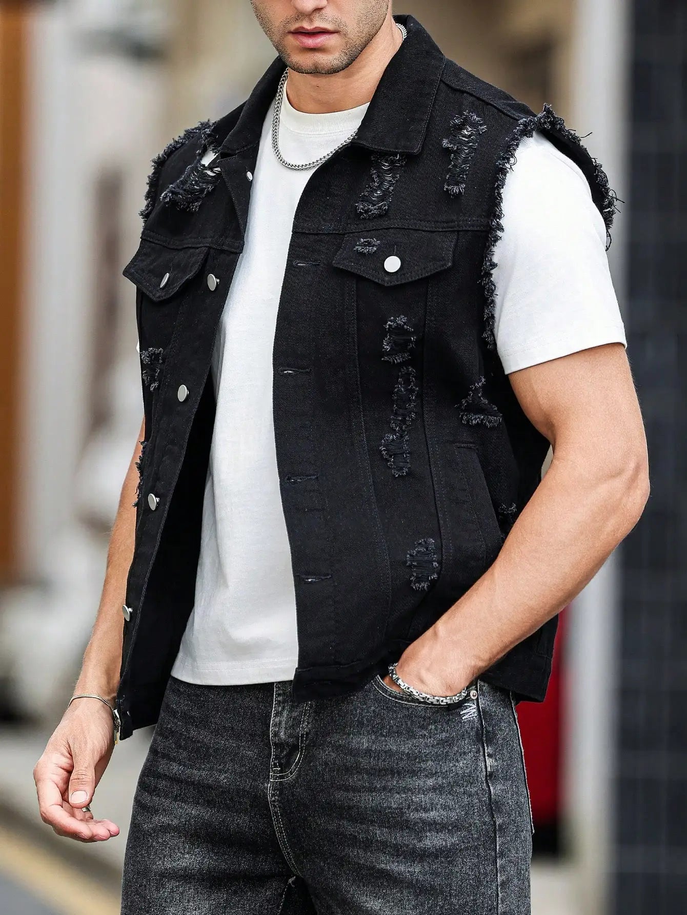 Men's Black Ripped Denim Vest for Spring, Sleeveless Design, a Must - Have for Street - style Trendsetters