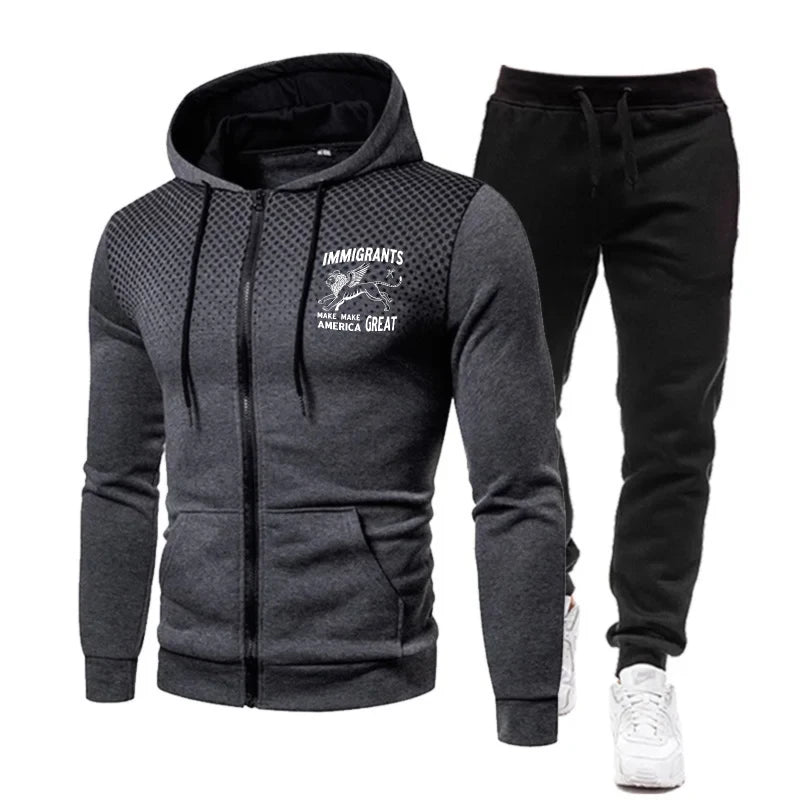 Men's Jacket Set Black Red Gradient Printed Immigrants Make Great Hoodie Zipper Sweatshirt for Casual Outdoor Sports Wear