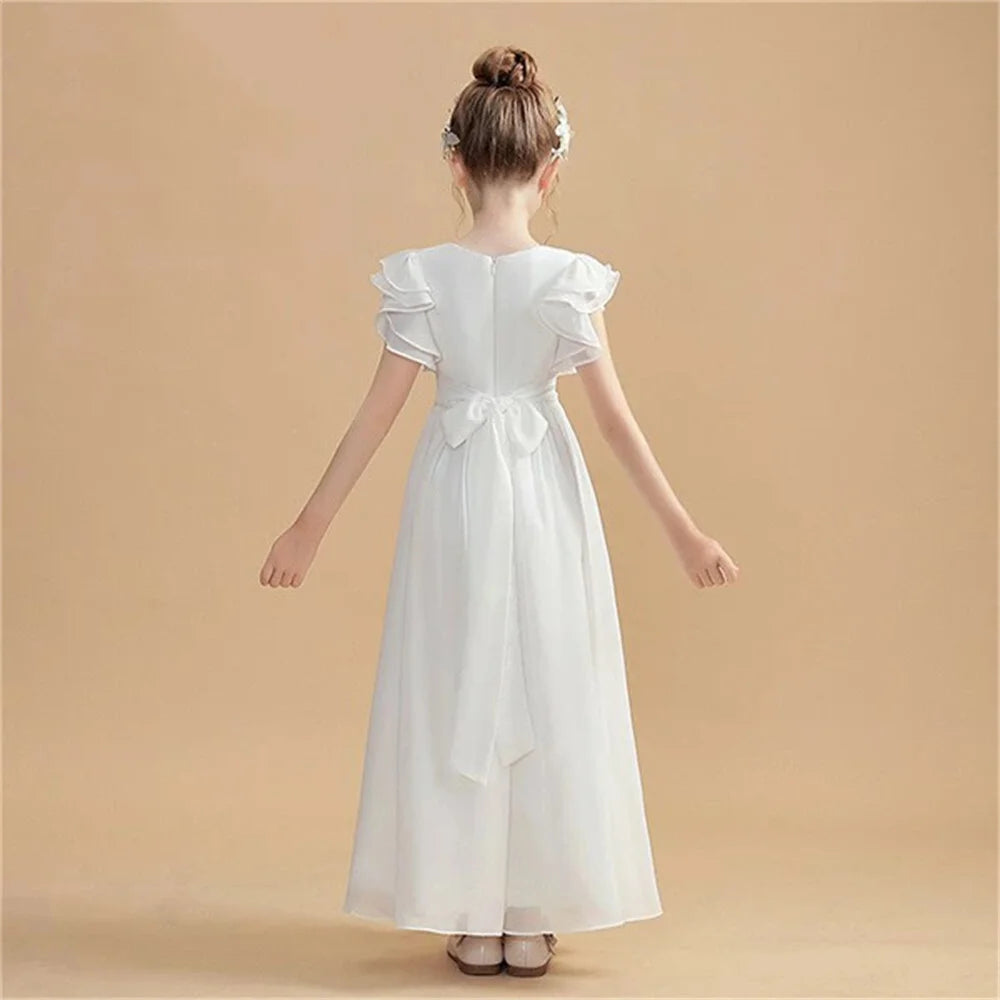 Hot Sale Flower Girl Dress Ruffles Sleeves Quinceanera Dresses Bridesmaid Dress Ruched Chiffon Sash robe de petite fille mariage