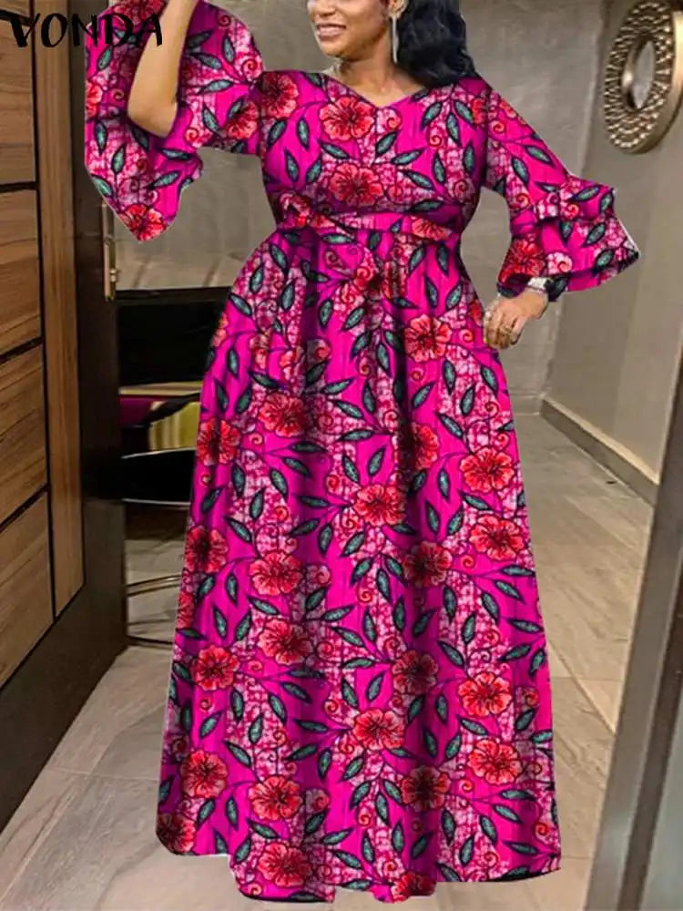 Plus Size 5XL VONDA Women Floral Printed Maxi Dress Bohemian Dress Sexy V-Neck Long Sleeve Ruffled Vestidos Casual Loose Robe