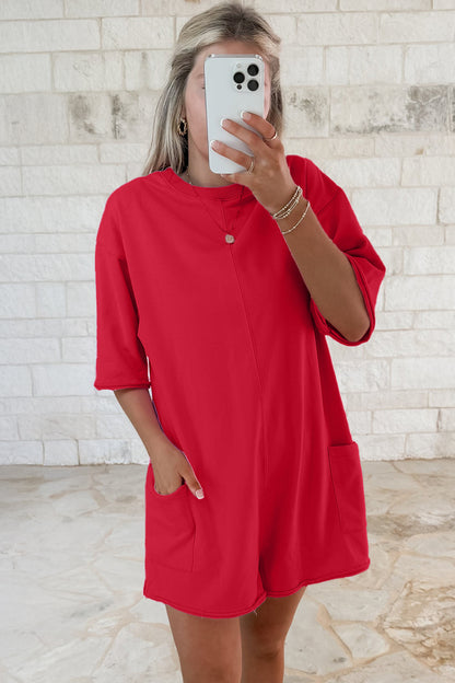 Fiery Red Solid Color Raw Edge Half Sleeve Pocketed Loose Romper