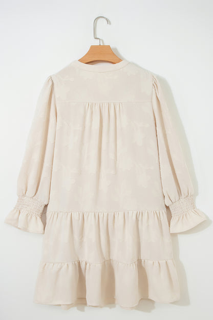 Parchment Long Sleeve Notched Neck Jacquard Tiered Mini Dress