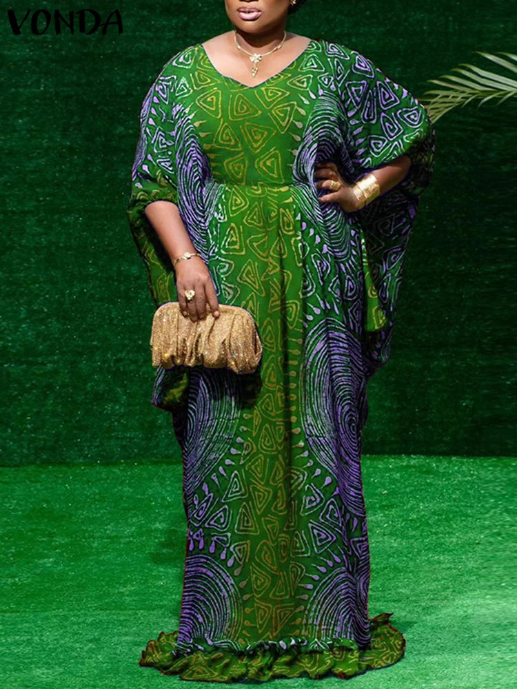 Plus Size 5XL VONDA Women Maxi Long Dress Bohemian Printed Sundress 2025 Vintage Bat-wing Sleeve Vestidos Casual Robe