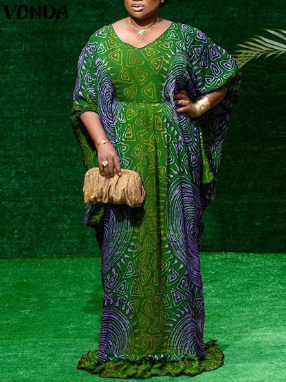 Plus Size 5XL VONDA Women Maxi Long Dress Bohemian Printed Sundress 2025 Vintage Bat-wing Sleeve Vestidos Casual Robe