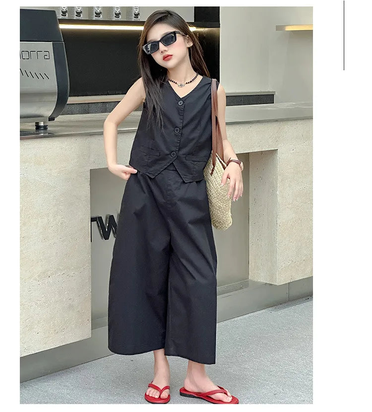 French Desig Girls Vest Set Sleeveless Tops+Wide Leg Pants 2pcs 4-14 Junior Kid Clothes Suit Child Outfits Vetement Enfant Fille