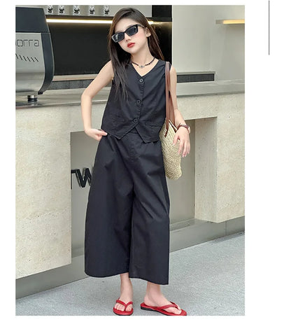 French Desig Girls Vest Set Sleeveless Tops+Wide Leg Pants 2pcs 4-14 Junior Kid Clothes Suit Child Outfits Vetement Enfant Fille