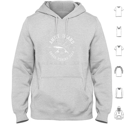 Amity Island Shark Fishing Club White Hoodies Long Sleeve Sharks Shark Week Jaws Parody Teeth Attack Bite Quint Brody