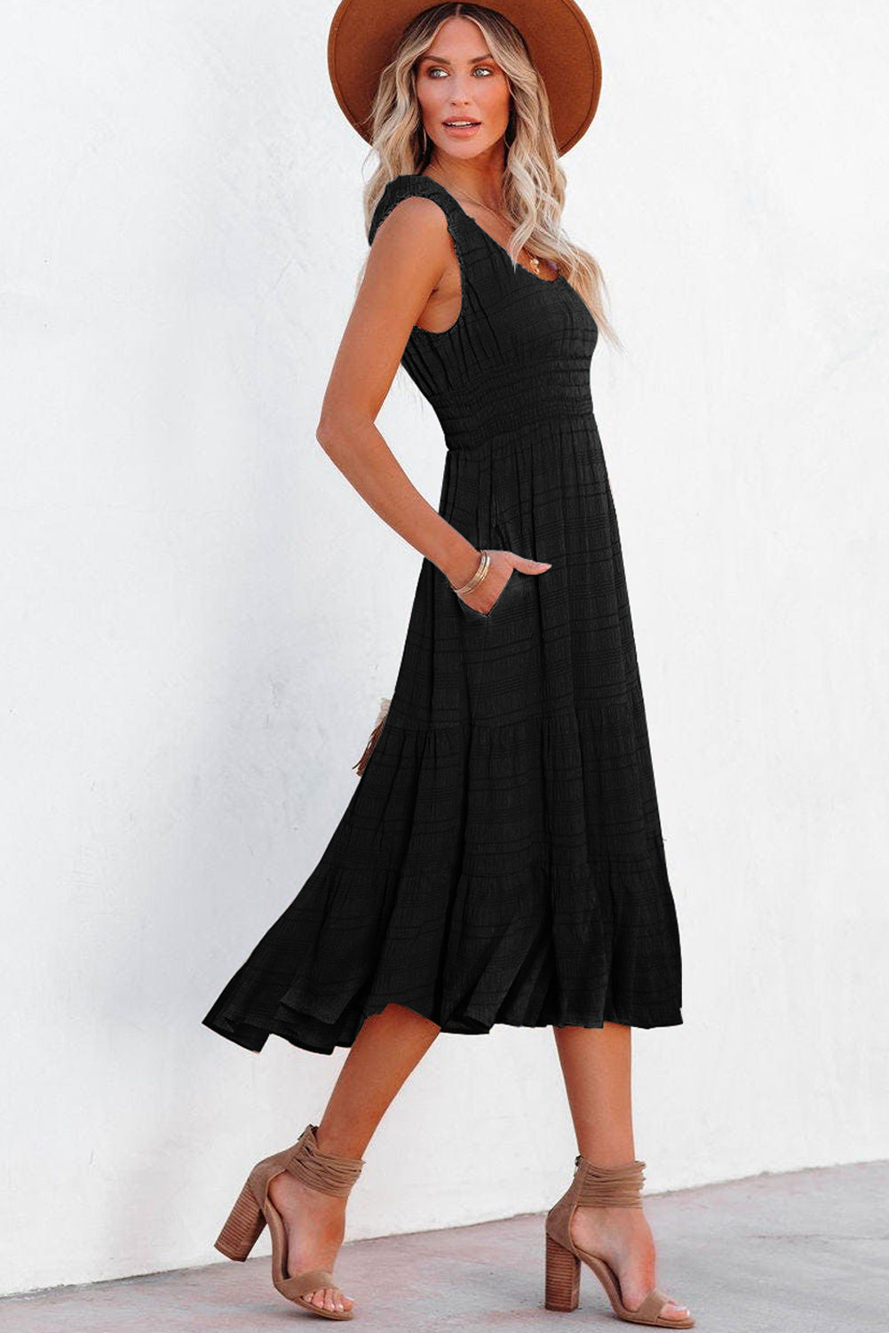 Rose Shirred Pleated Square Neck Sleeveless Midi Dress