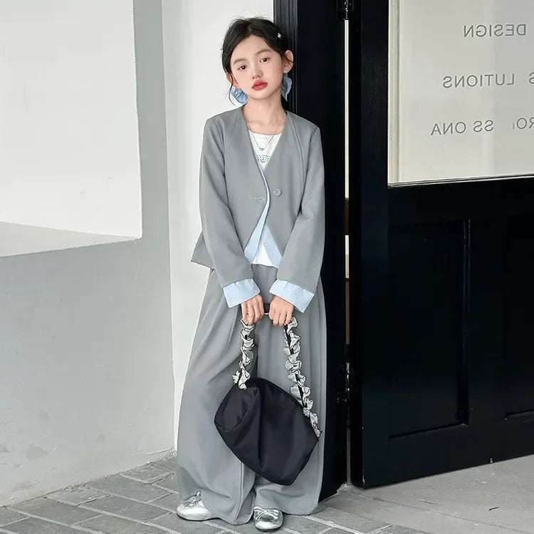 vetement enfant fille teen girls suit set Color blocked suit jacket+wide leg pants 2 junior kids gray clothes sets child outfits