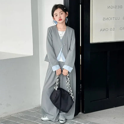 vetement enfant fille teen girls suit set Color blocked suit jacket+wide leg pants 2 junior kids gray clothes sets child outfits