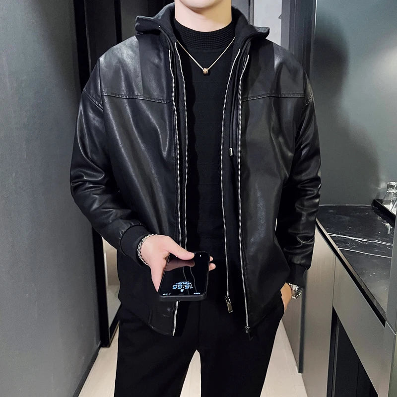 Double-layer Thicken Warm PU Jacket Top Men Loose Windproof Waterproof Hooded Outerwear Spring Fall Male Motorcycle Leather Coat