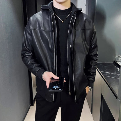 Double-layer Thicken Warm PU Jacket Top Men Loose Windproof Waterproof Hooded Outerwear Spring Fall Male Motorcycle Leather Coat