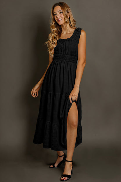 Rose Shirred Pleated Square Neck Sleeveless Midi Dress