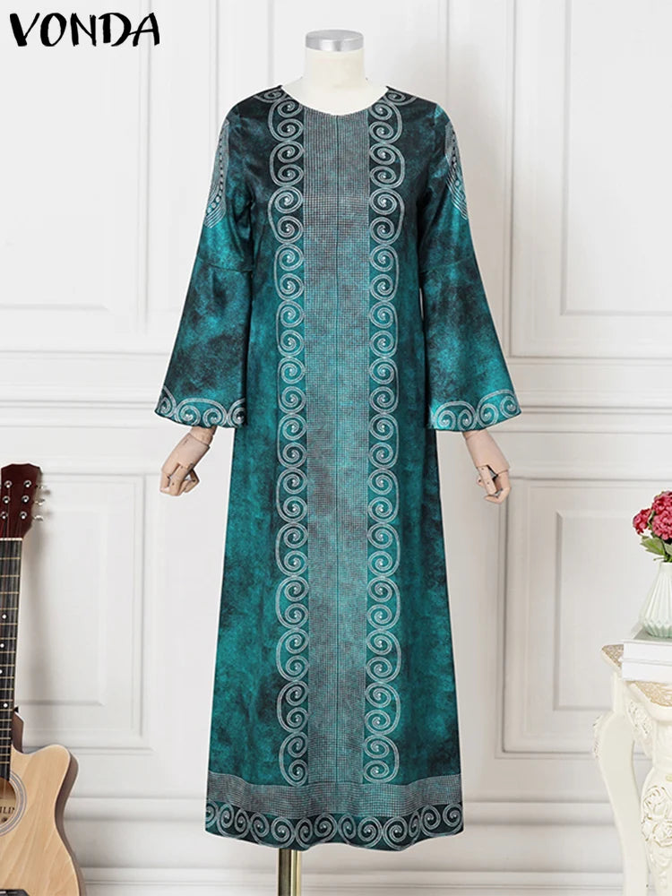 Plus Size VONDA Women Elegant Maxi Long Dress 2024 Bohemian Printed Sundress Vintage Flare Long Sleeve Loose Robe Casual Vestido