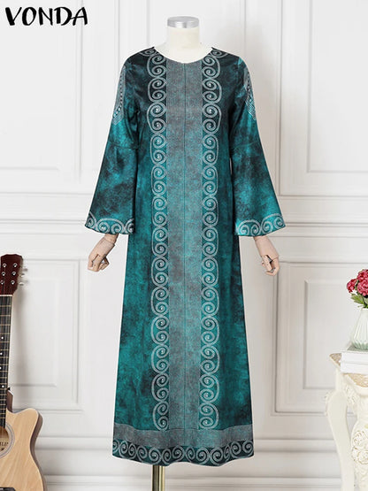 Plus Size VONDA Women Elegant Maxi Long Dress 2024 Bohemian Printed Sundress Vintage Flare Long Sleeve Loose Robe Casual Vestido