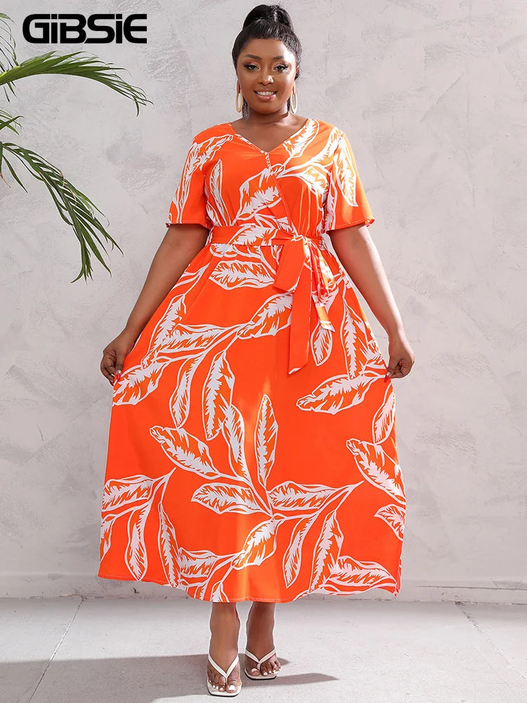 GIBSIE Plus Size V Neck Floral Print Boho Dress Women Summer Short Sleeve Maxi Dresses Holiday A-line Female Belted Dress