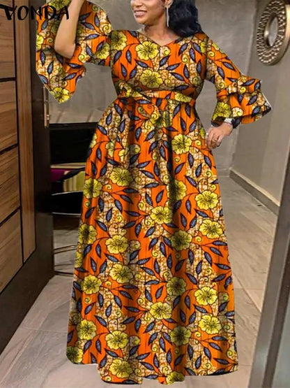 Plus Size 5XL VONDA Women Floral Printed Maxi Dress Bohemian Dress Sexy V-Neck Long Sleeve Ruffled Vestidos Casual Loose Robe