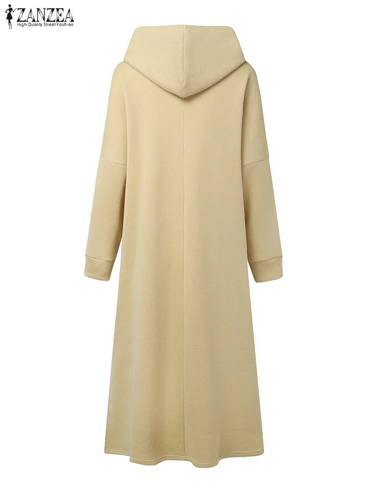 Plus Size 5XL ZANZEA Fashion Sweatshirt Dresses Women Long Sleeve Hooded Robe Autumn Solid Casual Loose Pockets Long Vestidos