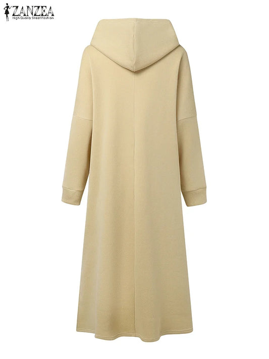 Plus Size 5XL ZANZEA Fashion Sweatshirt Dresses Women Long Sleeve Hooded Robe Autumn Solid Casual Loose Pockets Long Vestidos