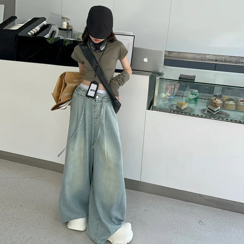 Girls Jeans Spring Fall Famous Western-style Child Wide Leg Pants Kids Floor Trousers 6 8 10 12 14 Vetement Enfant Fille Clothes