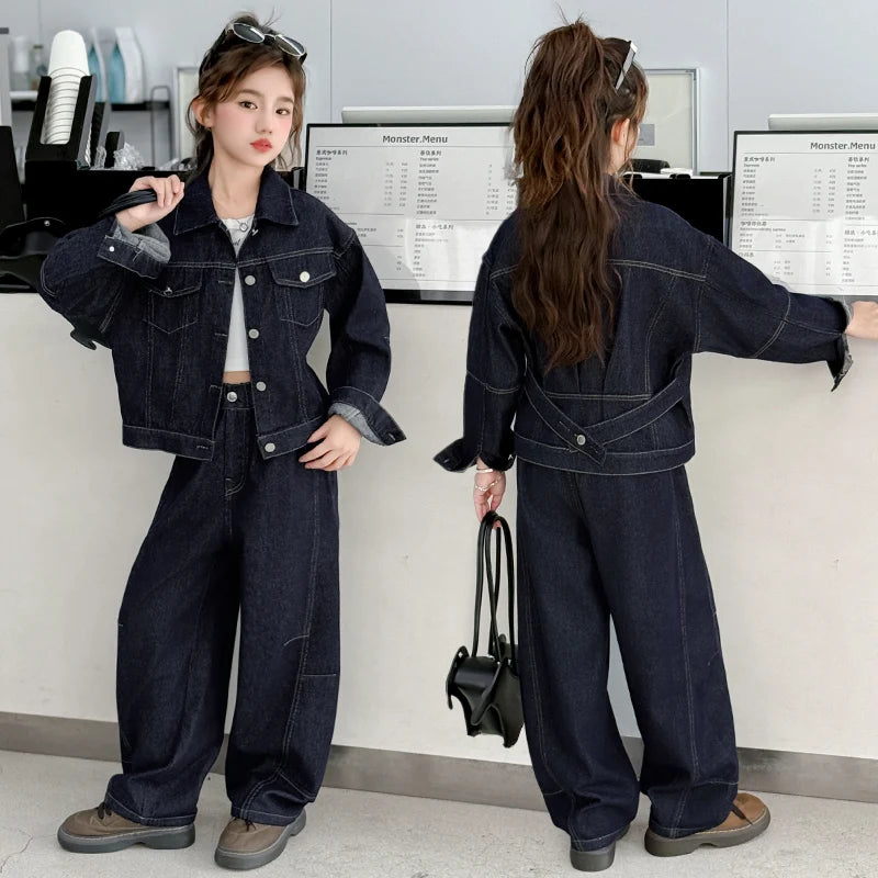 teen girls cowboy clothes set Design denim jacket+Wide leg jeans 2pcs junior kids pants suit child outfits vetement enfant fille