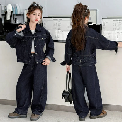 teen girls cowboy clothes set Design denim jacket+Wide leg jeans 2pcs junior kids pants suit child outfits vetement enfant fille