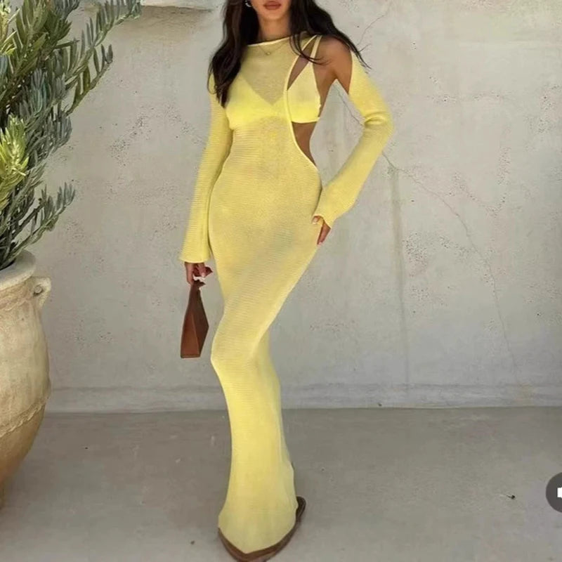 Women Sexy Yellow Knitted Beach Dress Fashion Irregular See Through Bodycon Maxi Dress 2025 Summer Hollow Out Cover UP Robes