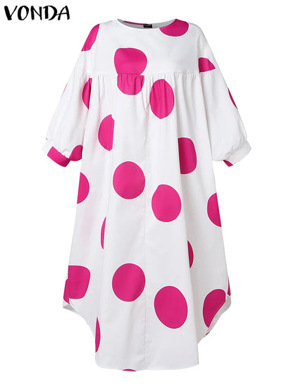 Plus Size VONDA Women Dot Printed Dress Bohemian Sundress 2025 Three Quarter Summer Party Vestidos Bat-wing Sleeve Casual Robe