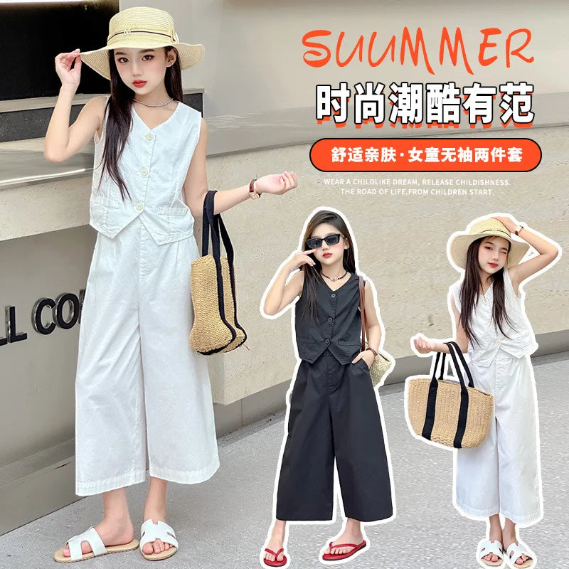 French Desig Girls Vest Set Sleeveless Tops+Wide Leg Pants 2pcs 4-14 Junior Kid Clothes Suit Child Outfits Vetement Enfant Fille