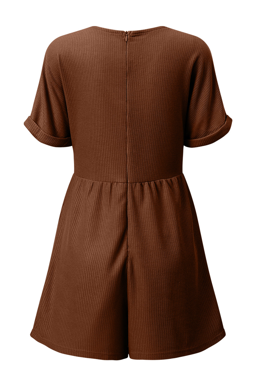 Coffee Solid Color Knit V Neck Zipped Loose Romper