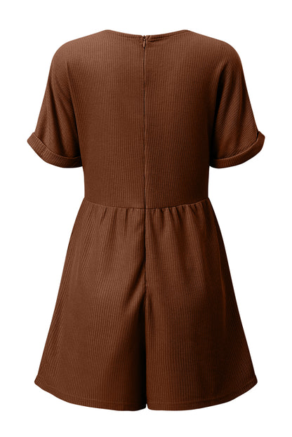 Coffee Solid Color Knit V Neck Zipped Loose Romper