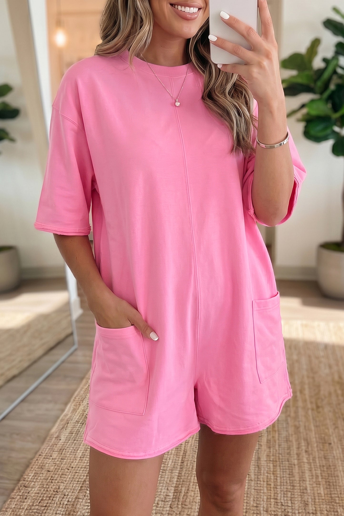 Fiery Red Solid Color Raw Edge Half Sleeve Pocketed Loose Romper