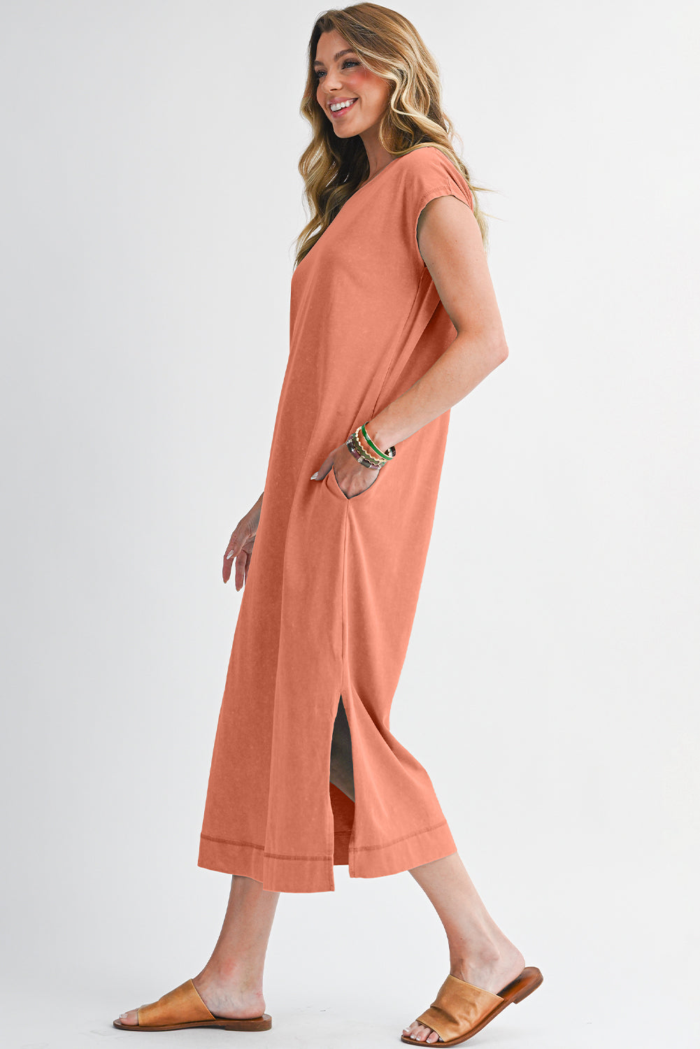 Carrot Mineral Wash Pocketed T-shirt Dress
