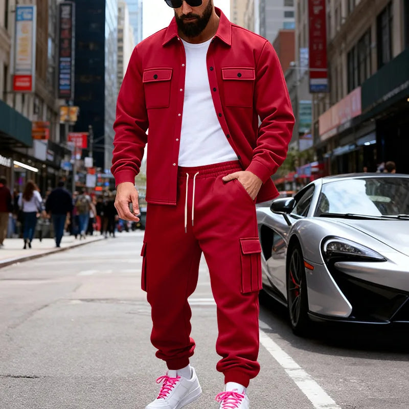 Cross-border winter heavy loose velvet men's outdoor tooling sweatpants thermal jacket two-piece set