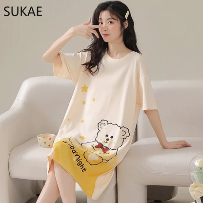 Summer Cute Style Women's Dresses Home Ice Silk Nightgown Plus Size Women's Short Sleeve Round Neck Dress Y2K Dresses