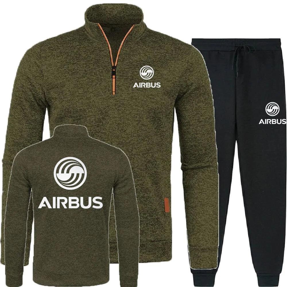 Men 2Pcs Sets Hoodies Pants Sweatshirts Half Zipper Soft Fleece Turtleneck Sweater AIRBUS AVIATION Flight Airbusfan A320